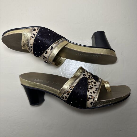 Bernardo Slip On Sandal Heels Gold Calf Hair Animal Print Size 9 Made in Brazil - Picture 5 of 12